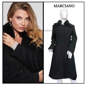 Marciano genuine rabbit Fur Trim wool tween pea Coat S solid Black